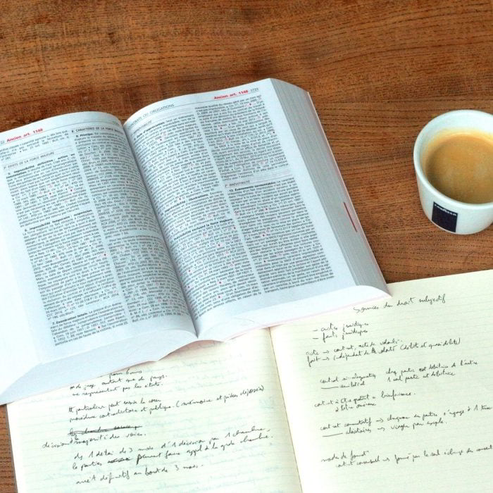 Jobs-act-legge-lavoro Dizionario, quaderno e tazzina con il caffè appoggiati su un tavolo.