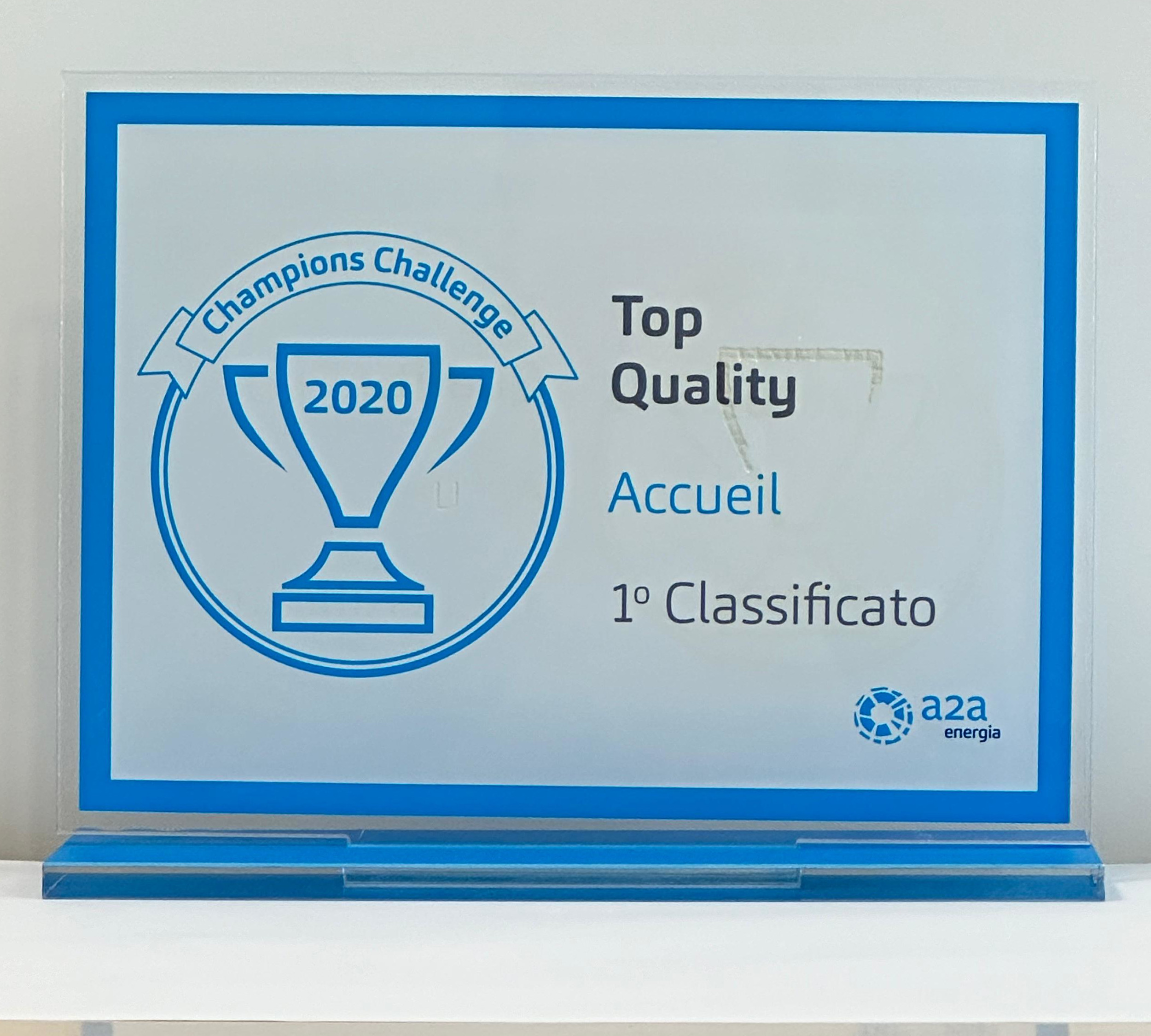 1° CLASSIFICATO TOP QUALITY - 2020 Accueil vince il premio Top Quality