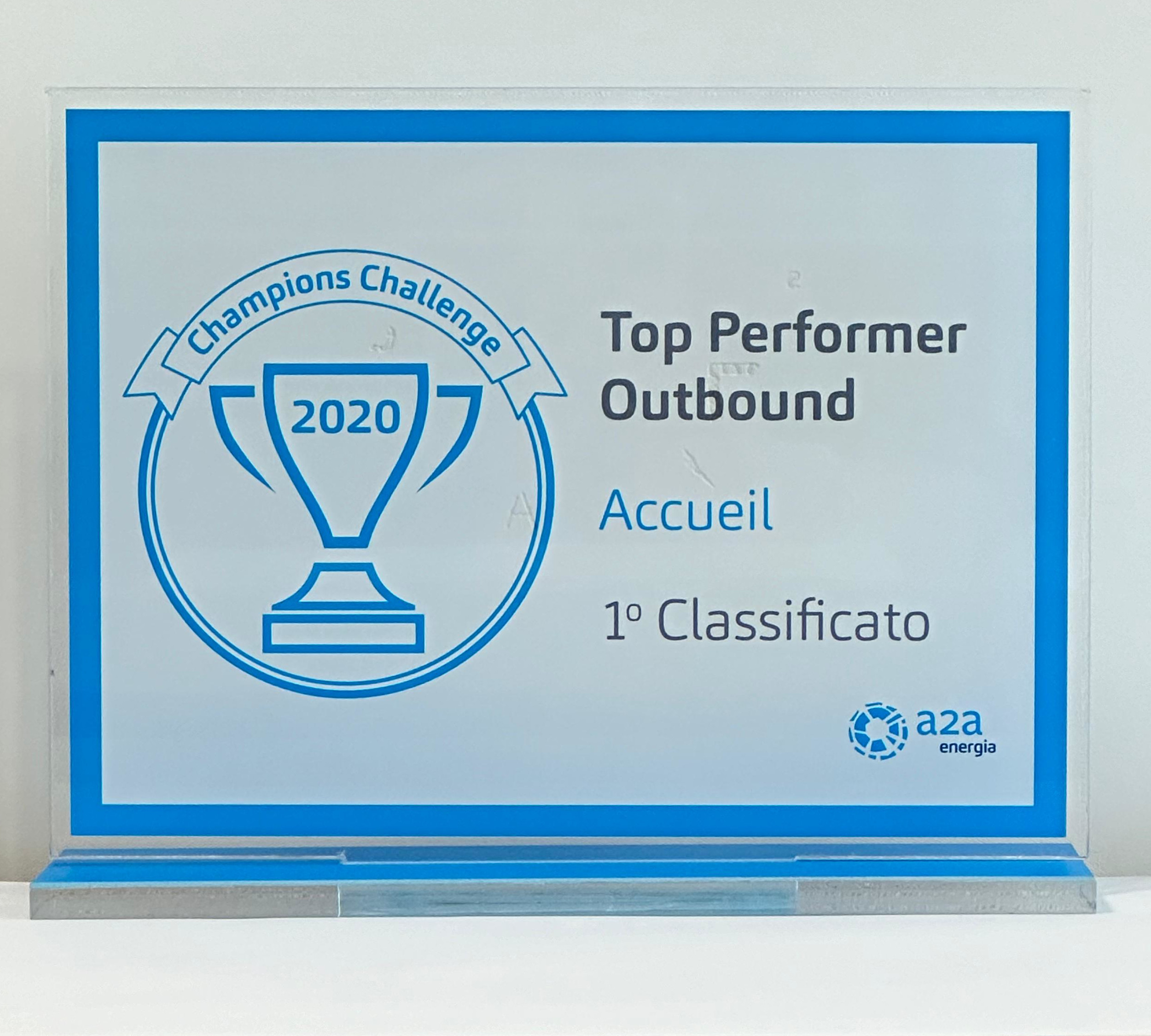 1°CLASSIFICATO TOP PERFORMER OUTBOUND - 2020 Accueil vince il premio Top Performer Outbound