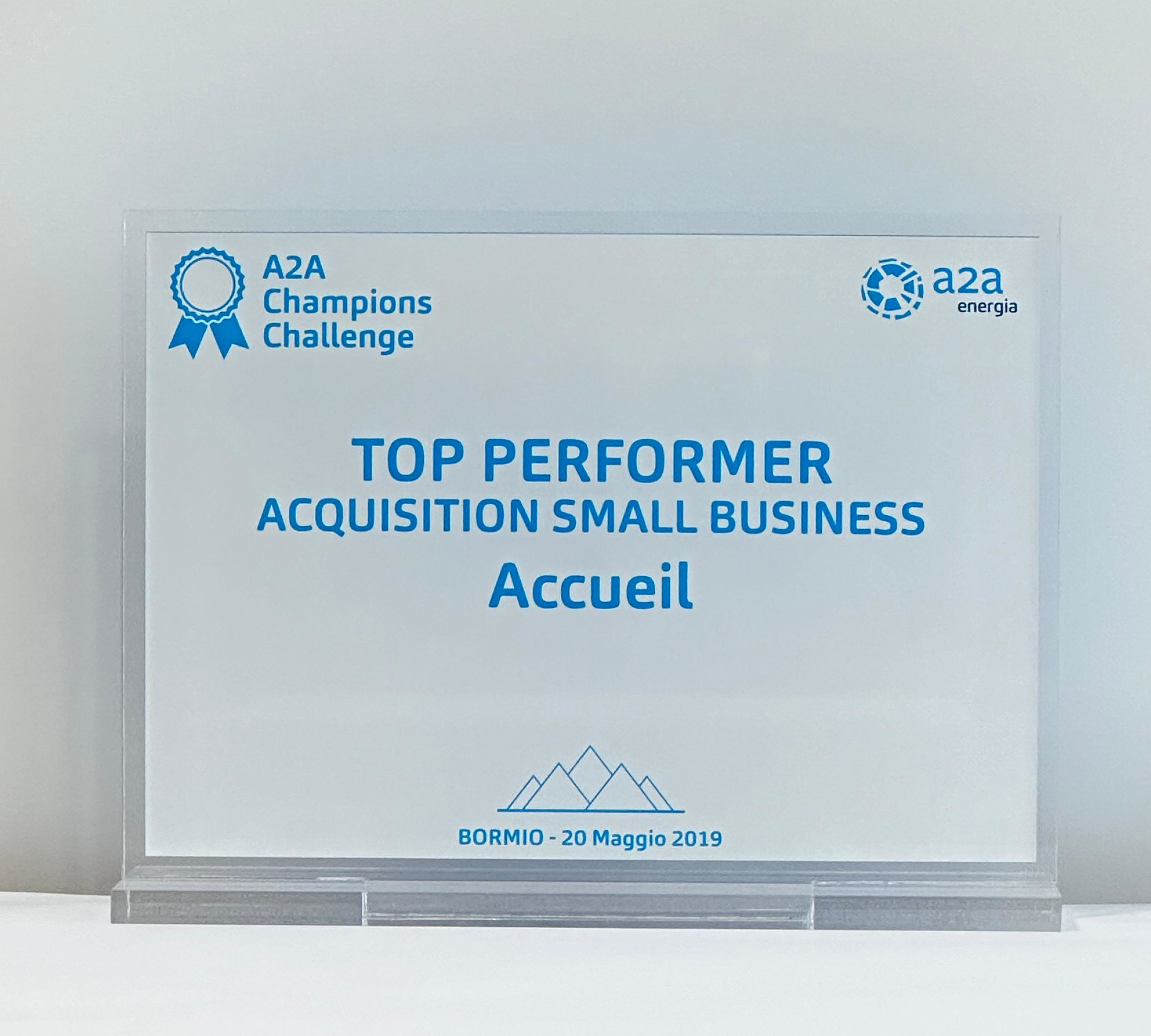 TOP PERFORMER ACQUISITION SMALL BUSINESS - 2019 Accueil vince il premio Top Performer Acquisition Small Business