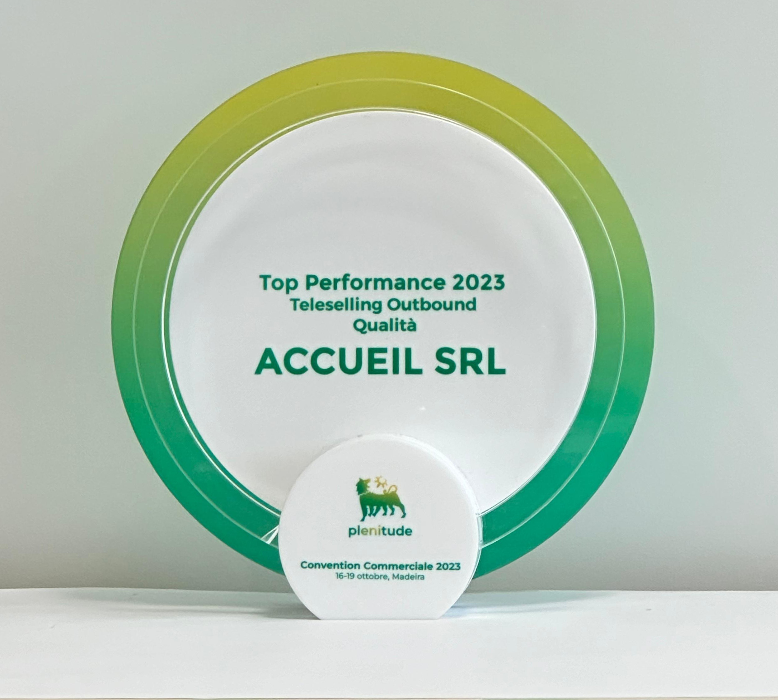 Top Performance Teleselling Outbound Qualità - 2023 Accueil vince il premio Top Performance Teleselling Outbound Qualità - 2023