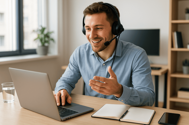 inside sales, giovane alla scrivania che vende