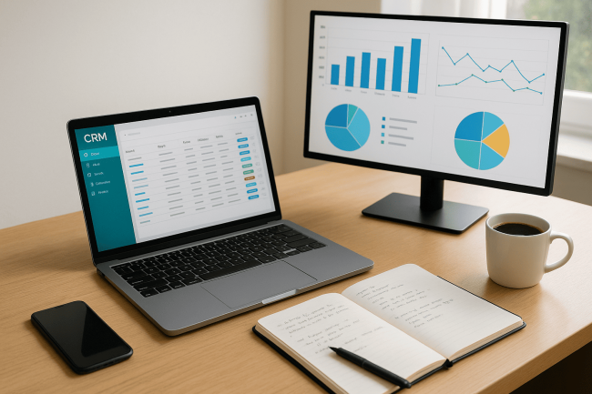 Scrivania con laptop aperto su un CRM per la qualificazione delle lead, taccuino, penna, smartphone e monitor che mostra una dashboard con dati di vendita in un ambiente di lavoro moderno.