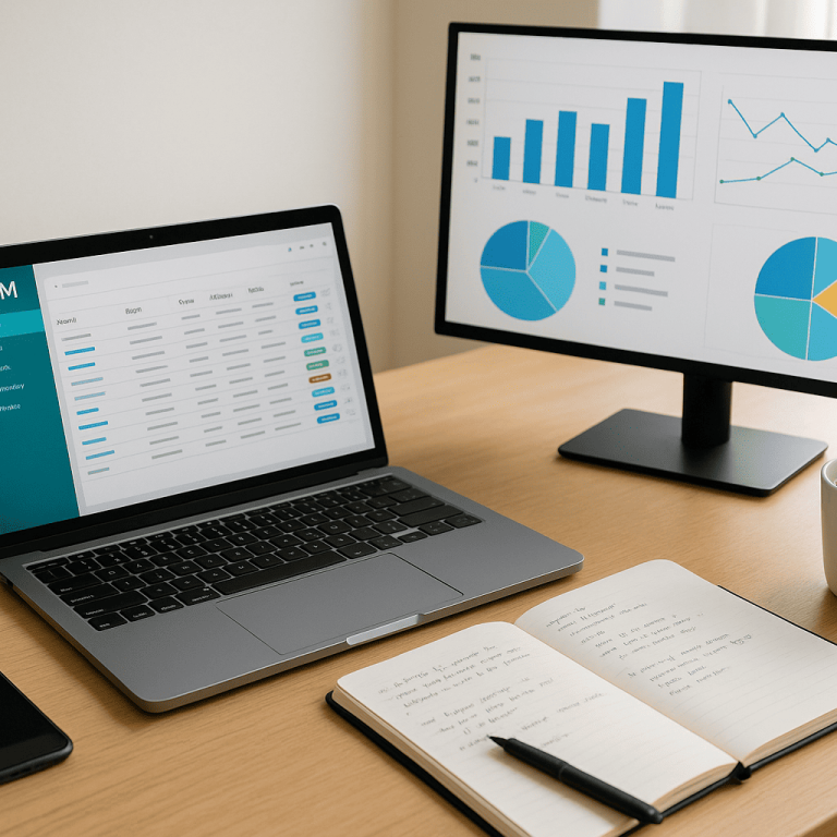 qualificazione-lead Scrivania con laptop aperto su un CRM per la qualificazione delle lead, taccuino, penna, smartphone e monitor che mostra una dashboard con dati di vendita in un ambiente di lavoro moderno.