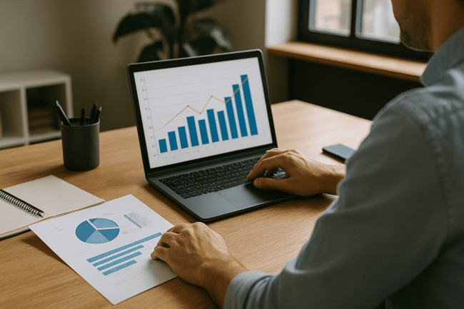 Persona che lavora a una scrivania ordinata in ufficio, utilizzando un laptop con grafici di crescita e analizzando dati stampati, simbolo di strategie per acquisire clienti.