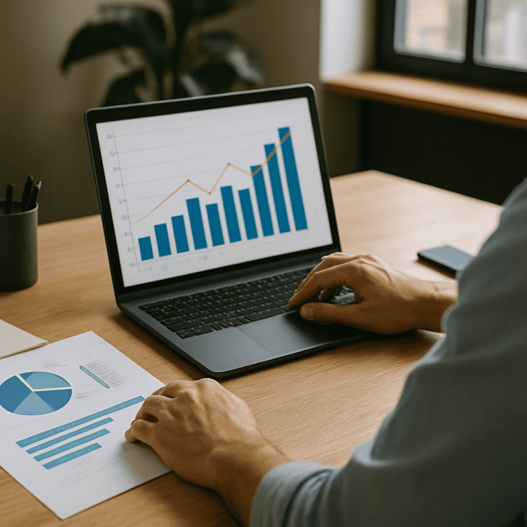 acquisire-clienti Persona che lavora a una scrivania ordinata in ufficio, utilizzando un laptop con grafici di crescita e analizzando dati stampati, simbolo di strategie per acquisire clienti.