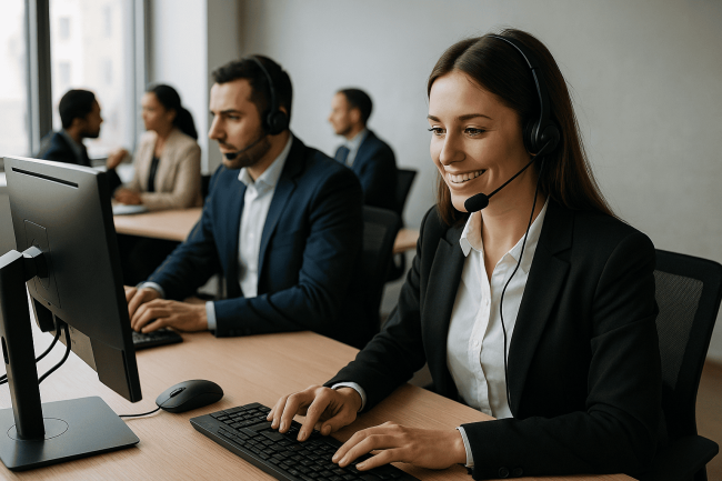 foto realistica di operatore call center in ufficio con cuffie e pc, ambiente corporate, focus su ascolto attivo, comunicazione chiara e uso del CRM