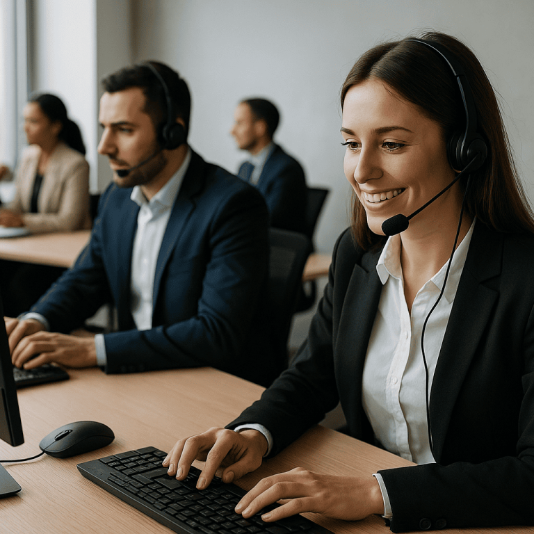 diventare un operatore call center efficace foto realistica di operatore call center in ufficio con cuffie e pc, ambiente corporate, focus su ascolto attivo, comunicazione chiara e uso del CRM