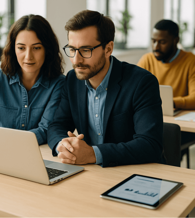 foto realistica business con team di customer care in smart working e in ufficio, che collaborano con pc e cuffie per offrire assistenza flessibile ai clienti
