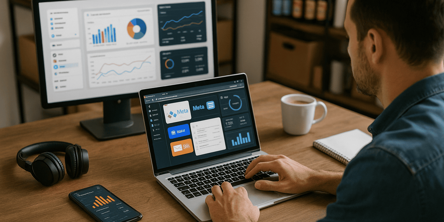 B2C lead generation Professionista marketing al laptop che gestisce campagne su più canali (Google, social, email) con dashboard KPI visibile; sul tavolo smartphone e cuffie, sullo sfondo scaffali di prodotti: rappresentazione realistica di una strategia di lead generation B2C omnicanale.