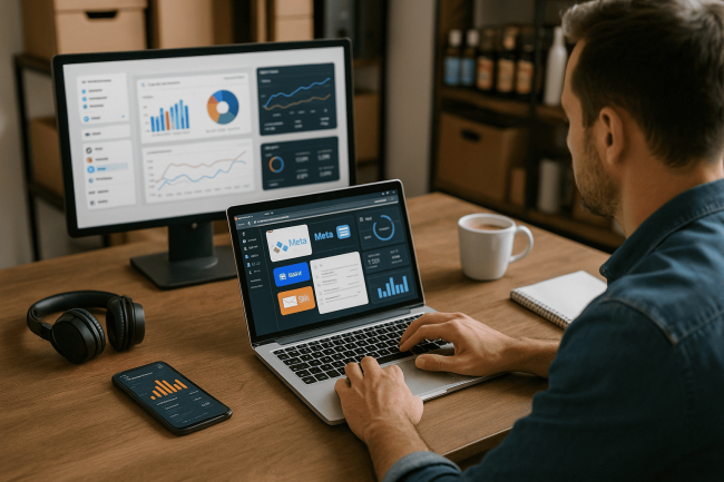 Professionista marketing al laptop che gestisce campagne su più canali (Google, social, email) con dashboard KPI visibile; sul tavolo smartphone e cuffie, sullo sfondo scaffali di prodotti: rappresentazione realistica di una strategia di lead generation B2C omnicanale.