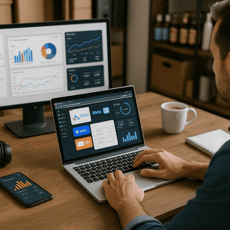 B2C lead generation Professionista marketing al laptop che gestisce campagne su più canali (Google, social, email) con dashboard KPI visibile; sul tavolo smartphone e cuffie, sullo sfondo scaffali di prodotti: rappresentazione realistica di una strategia di lead generation B2C omnicanale.