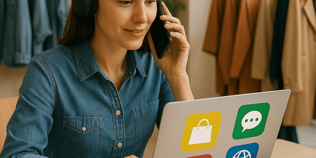 Customer experience omnicanale Donna con cuffie e laptop in un negozio, mentre parla al telefono e gestisce diversi canali digitali di contatto. Sul computer, icone colorate rappresentano chat, e-commerce, telefono e web, simbolo di una gestione omnicanale integrata.