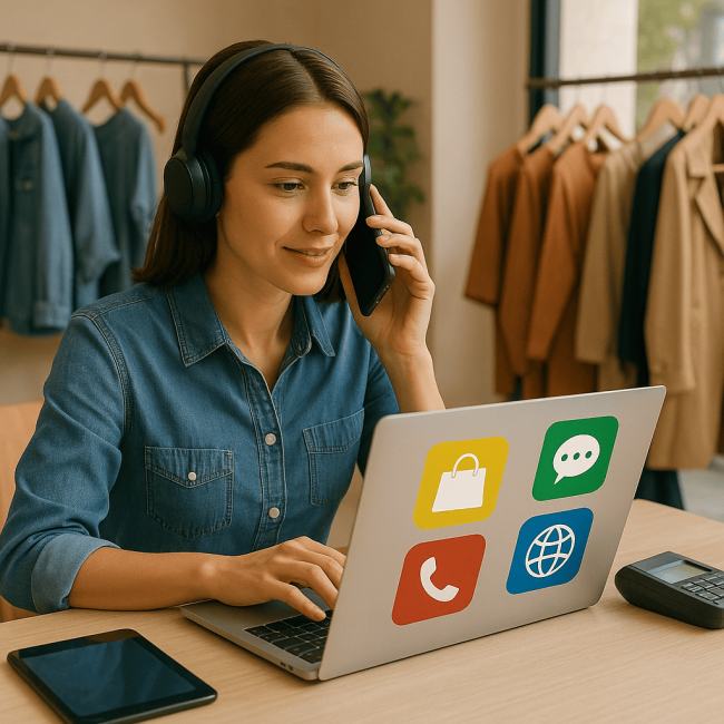 Donna con cuffie e laptop in un negozio, mentre parla al telefono e gestisce diversi canali digitali di contatto. Sul computer, icone colorate rappresentano chat, e-commerce, telefono e web, simbolo di una gestione omnicanale integrata.